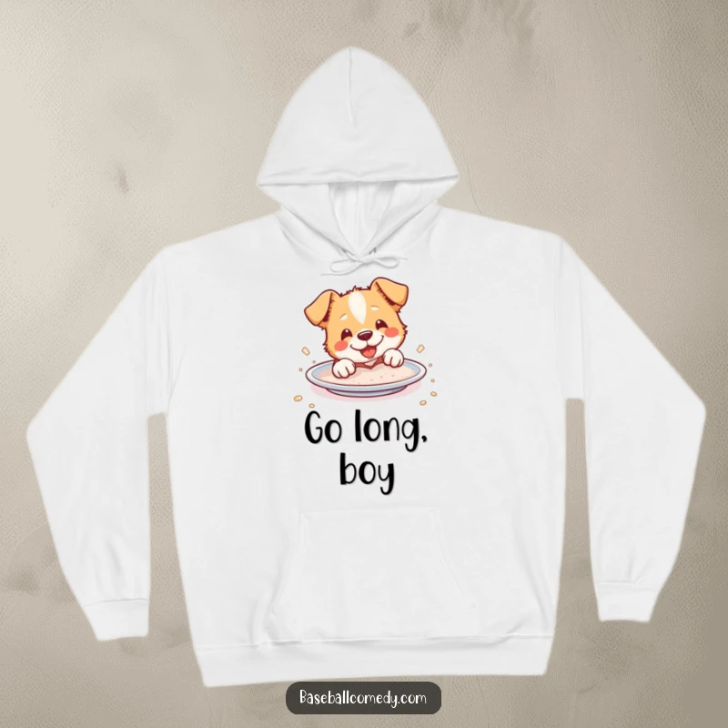Funny Hoodie: A cheerful dog is illustrated sliding into home plate, covered in dust, embodying playful achievement.