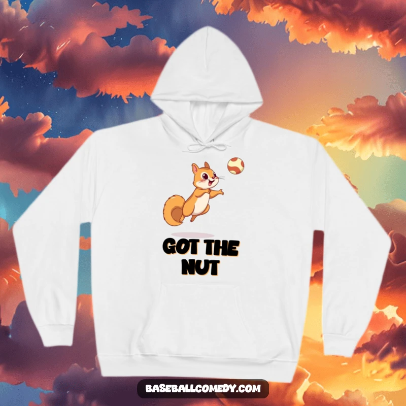 Funny squirrel hoodie depicting a squirrel leaping for a fly ball, ideal for cozy baseball viewing and fans.