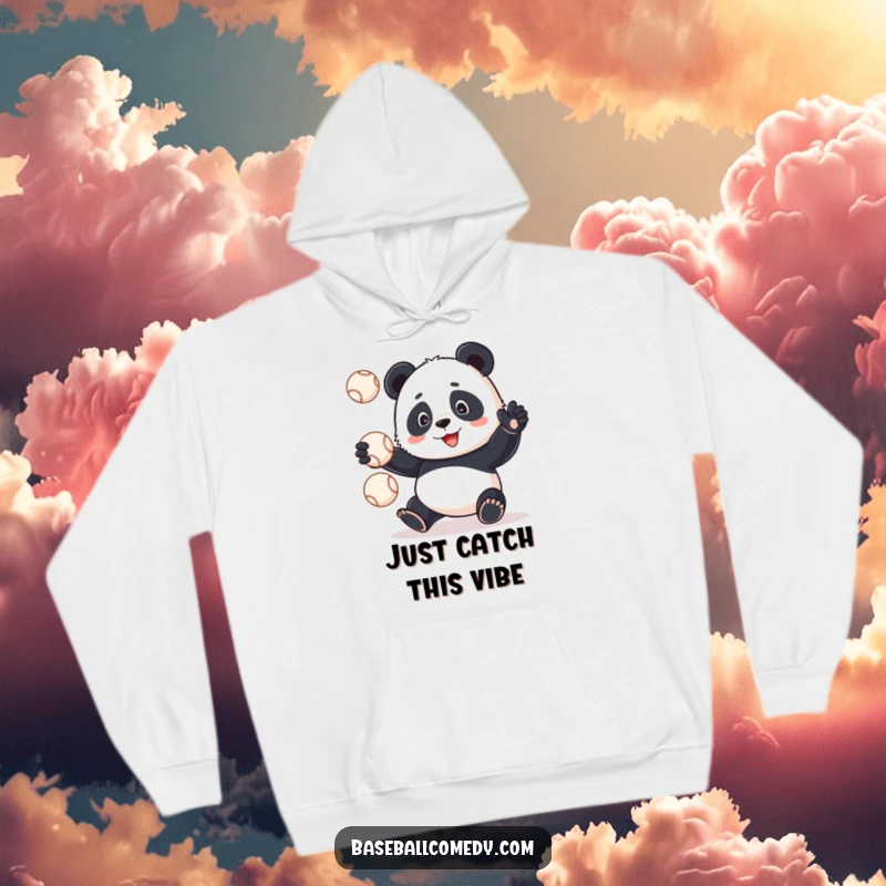 Funny panda hilariously juggling baseballs while looking stressed, featured on a cozy hoodie, a perfect funny gift.