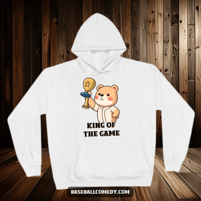 Funny bear champion hoodie showing a proud bear triumphantly holding a baseball trophy, celebrating a major win.