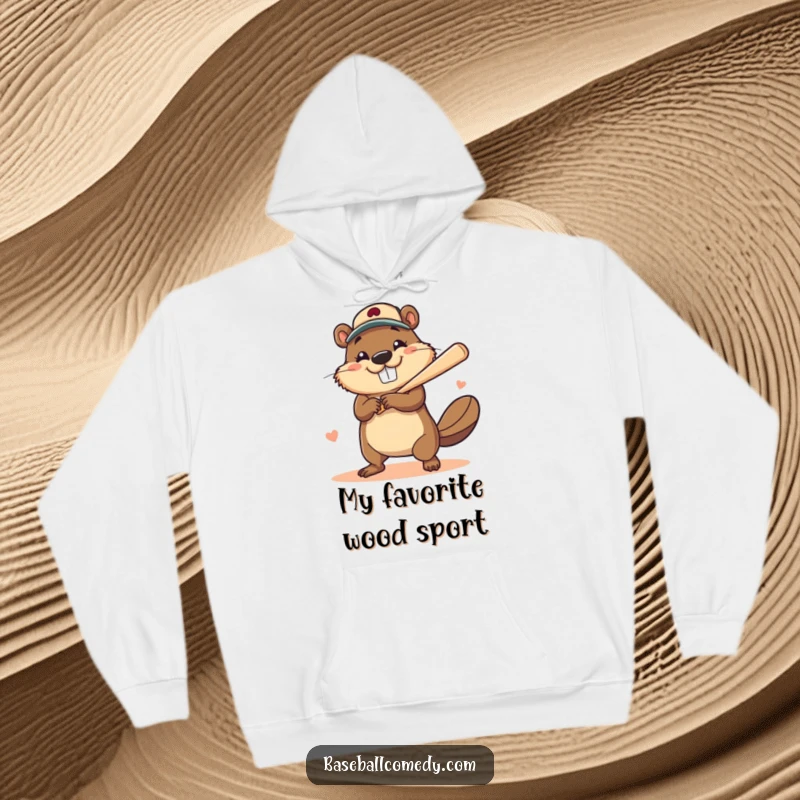 Funny hoodie showing a brave and smiling beaver hitting a baseball home run, embodying athletic success and humor.