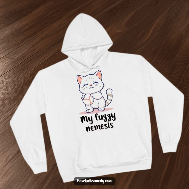Funny hoodie with a content cat playfully batting at a baseball, offering warmth and a dose of feline humor.