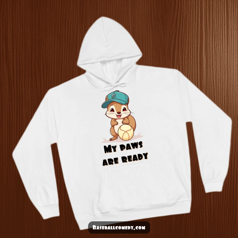 Funny squirrel baseball hoodie, a squirrel in a cap excitedly fields a ground ball with its paws, perfect for game days.