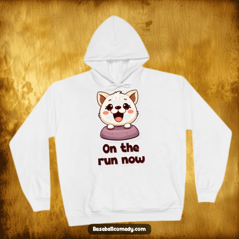 Funny hoodie featuring a cute animal with wide, excited eyes, dramatically stealing a base, perfect for sports enthusiasts.