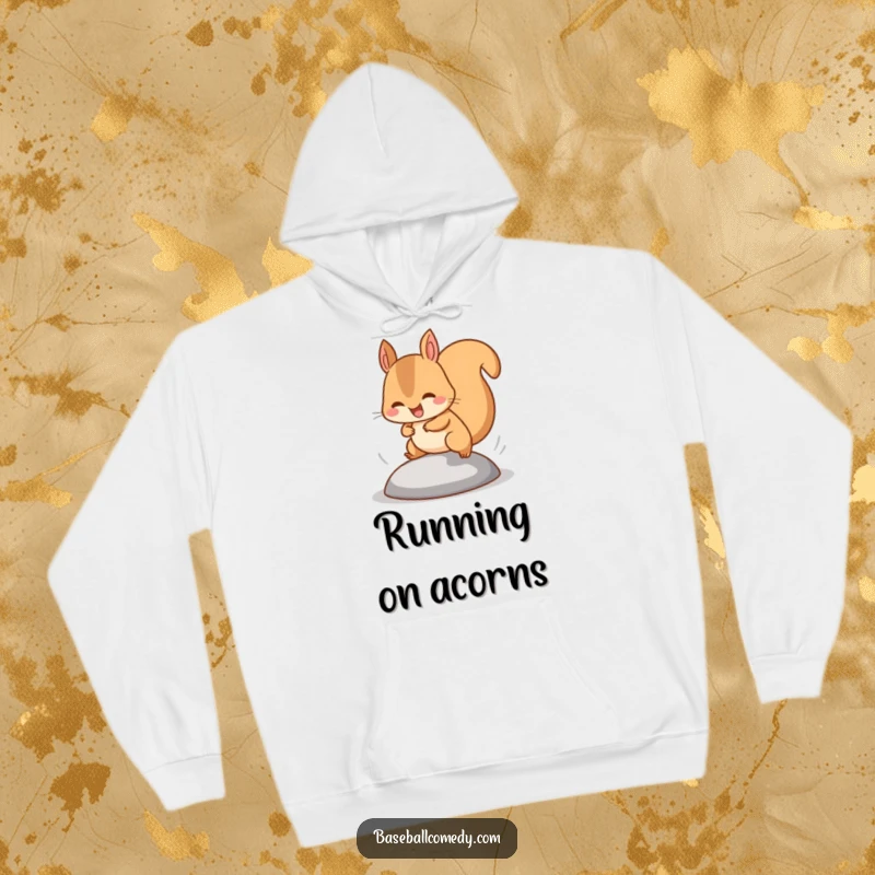 Funny squirrel hoodie featuring a happy squirrel stealing a base with tiny legs pumping fast, great for cool weather.