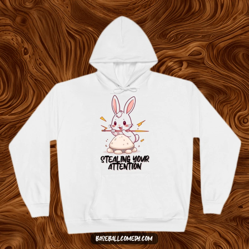 Funny rabbit hoodie, playfully stealing a base with lightning speed, comfortable and fast.