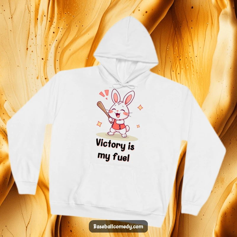 Funny rabbit hoodie showing an excited bunny hitting a home run, radiating joy and a loud cheer.