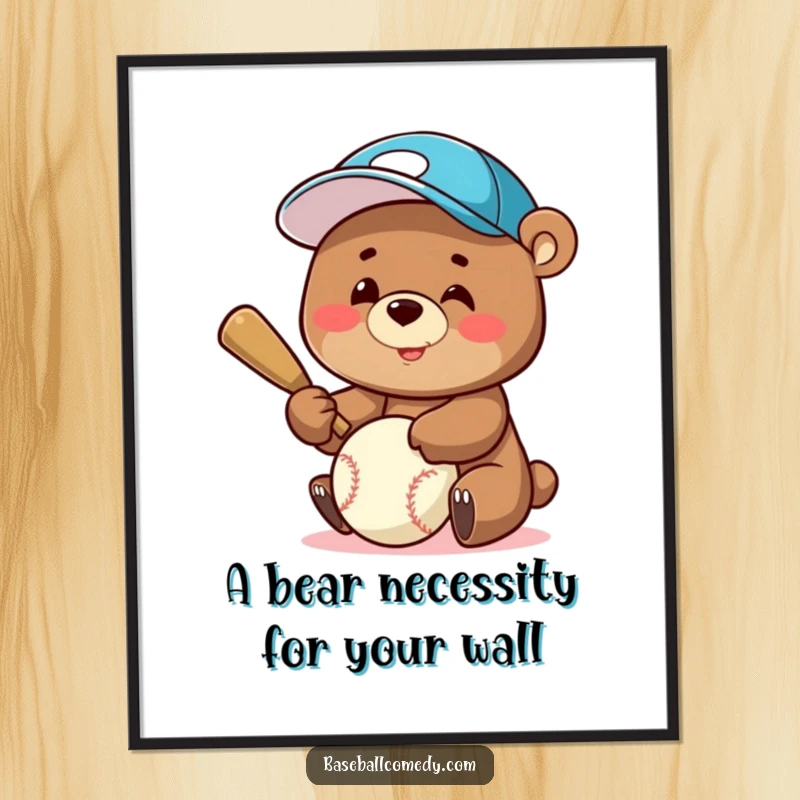 Funny Free Printable Wall Art: A smiling bear wearing a baseball cap, humorously batting a ball, adding playful decor.