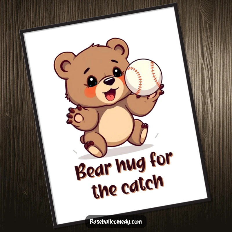 Funny Free Printable Wall Art: A determined bear cub with paws wide open, catching a baseball with intense focus.
