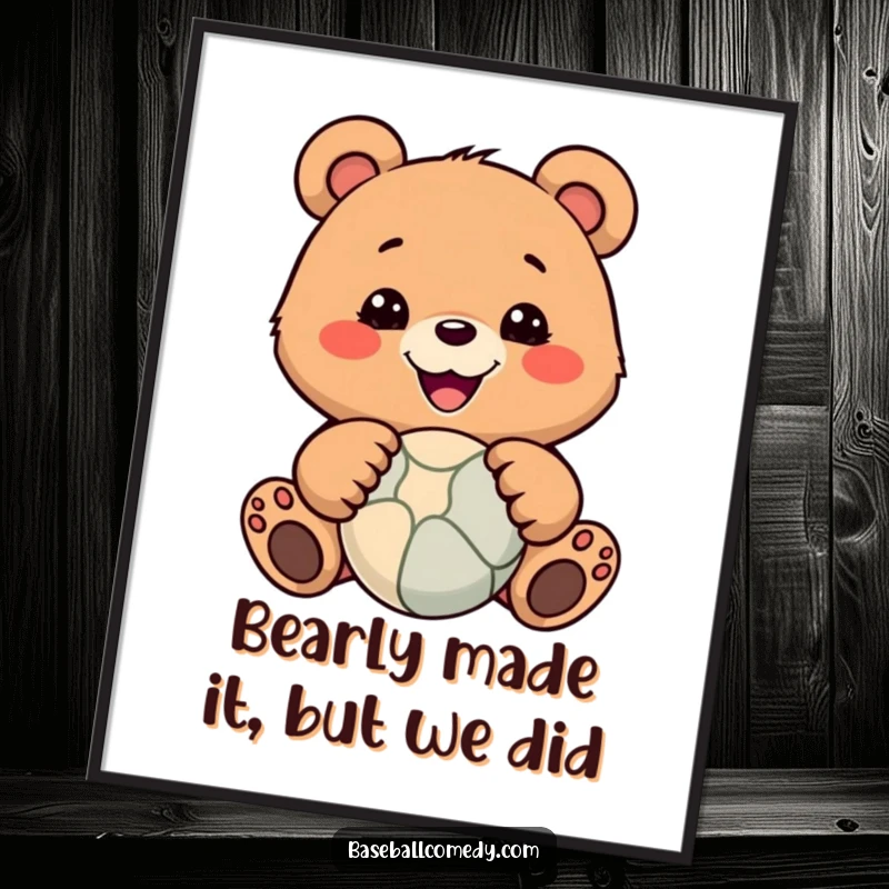 Funny Free Printable Wall Art: A smiling, cartoon bear leaping to catch a colorful ball, full of joy.