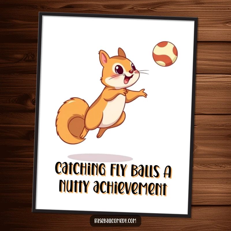 Funny Free Printable Wall Art: Squirrel captured mid-leap, aiming for a fly ball, dynamic action pose.