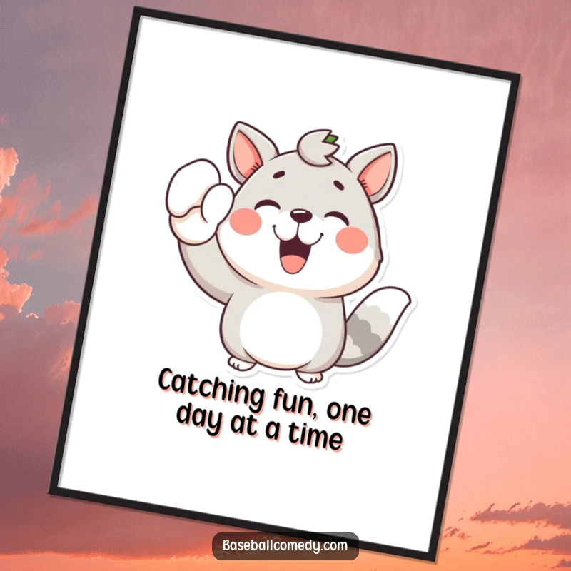 Funny Free Printable Wall Art: A jubilant cartoon animal joyfully cheers with a raised baseball mitt, exuding pure excitement.