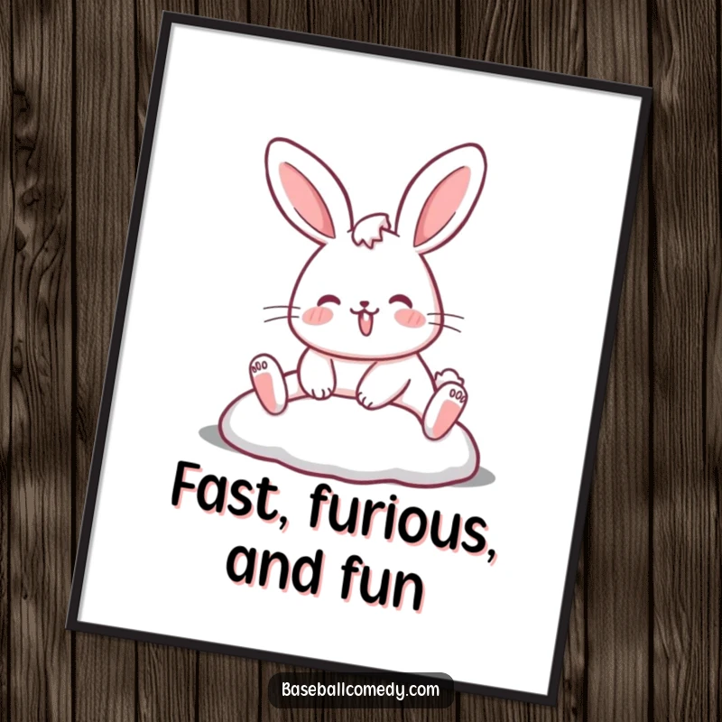 Funny Free Printable Wall Art: A rabbit joyfully sliding into a baseball base, captured in mid-action.