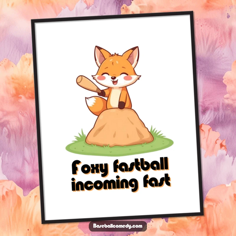Funny Free Printable Wall Art: A happy fox in a pitching stance, throwing a baseball from a small dirt mound.