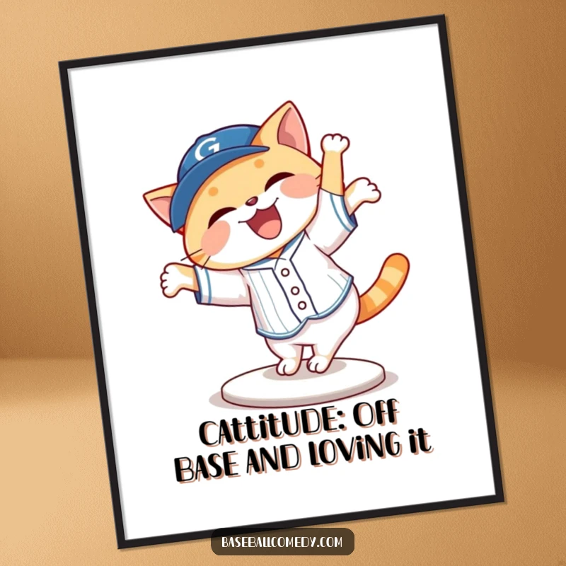 Humorous Free Printable cat in a baseball uniform doing a dynamic cartwheel, vibrant wall art.