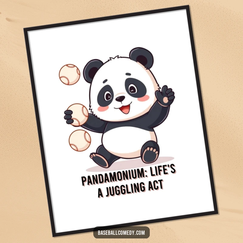 Funny Free Printable Panda art showing a panda hilariously failing to juggle baseballs, downloadable wall decor.