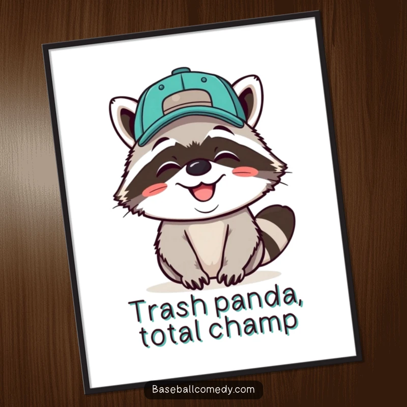 Funny Free Printable Giggling Raccoon Baseball Cap Backwards Wall Art, mischievous and fun, downloadable decor.