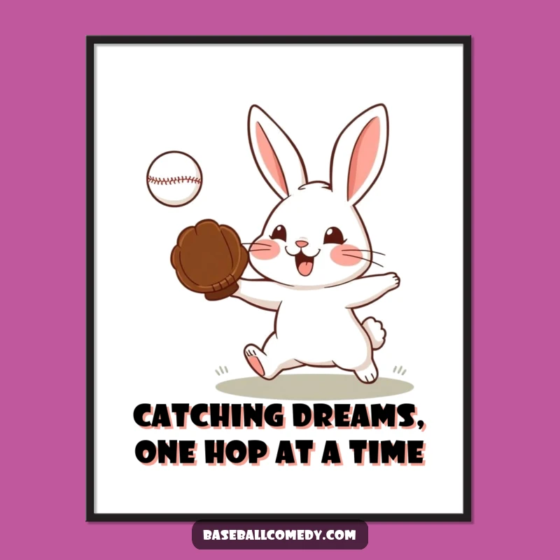 Free Printable Wall Art: Determined Rabbit Catches Baseball - Funny Downloadable Art