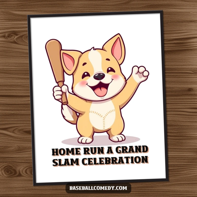 Funny Free Printable Wall Art: Proud dog celebrating a home run, dynamic pose, wagging tail, sports theme.