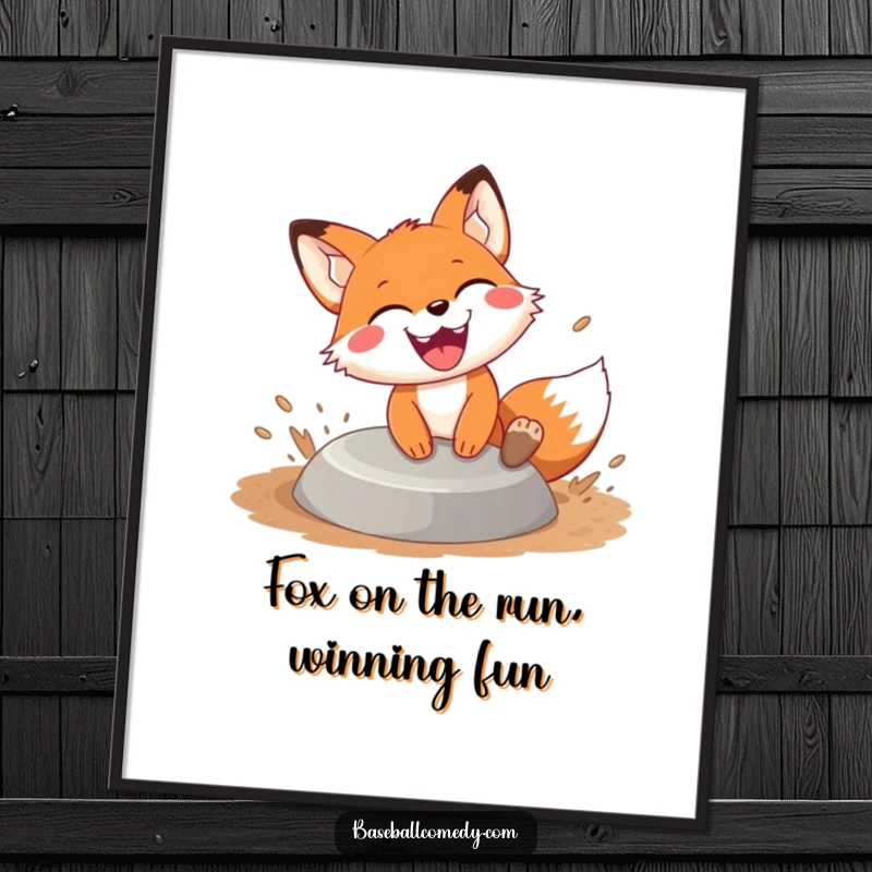 Funny Free Printable Wall Art: Fox slides into a baseball base with dirt flying and a huge, joyful grin.