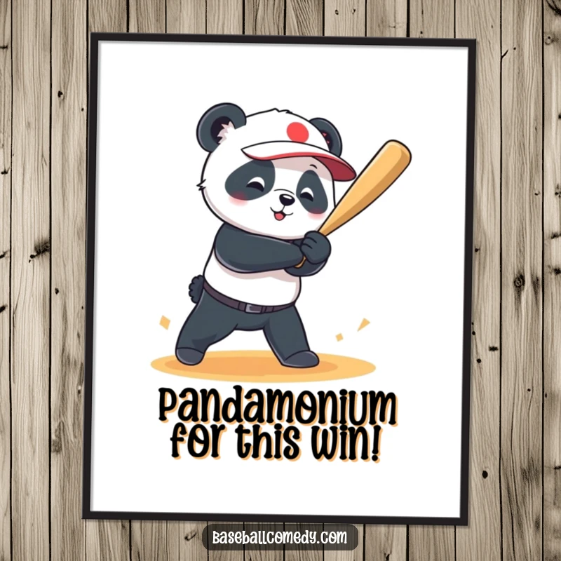Funny Free Printable Wall Art: A happy panda powerfully hitting a baseball for a grand slam, celebrating with excitement.