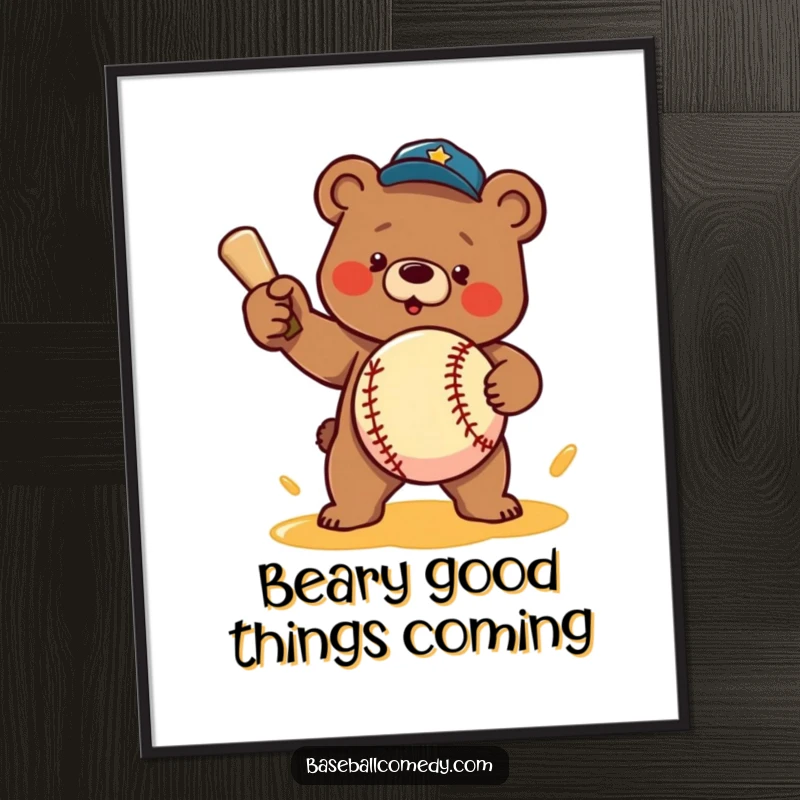 Funny free printable wall art: A determined bear character is in the middle of pitching a baseball crafted from delicious, dripping honey.