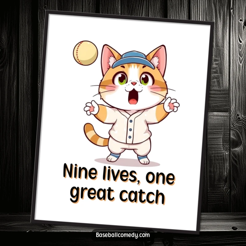 Funny Free Printable Wall Art: Cat in baseball uniform catching fly ball, wide-eyed surprise, humorous animal sports illustration.