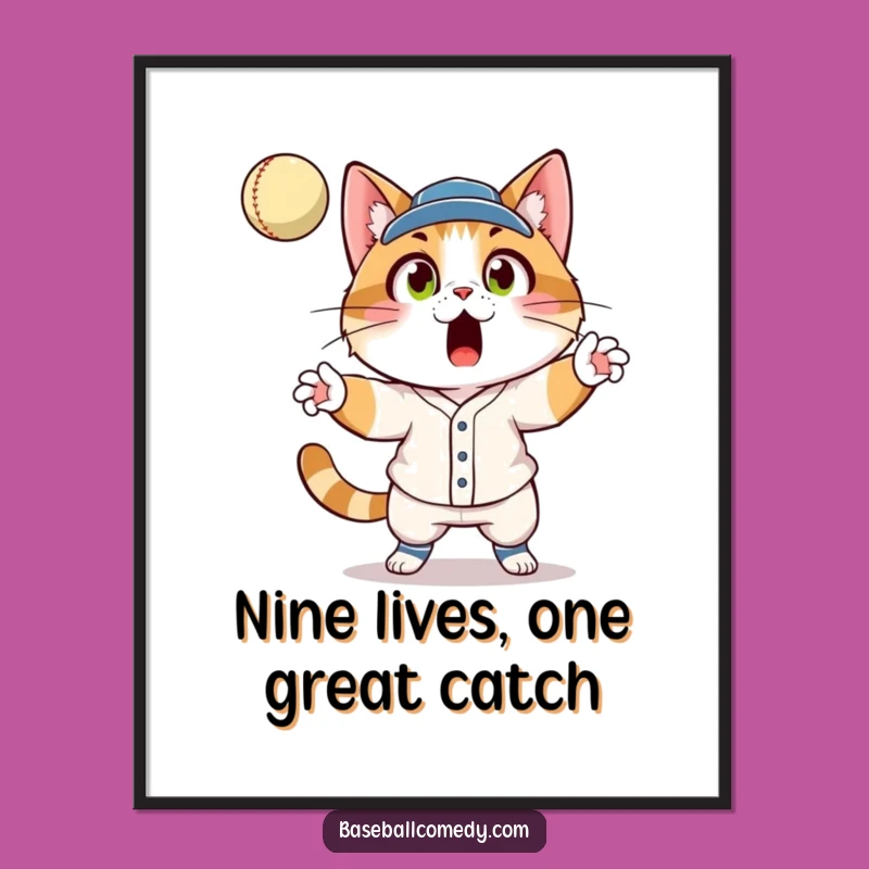 Free Printable Wall Art: Surprised Cat Baseball Catcher, Hilarious Animal Decor Downloadable