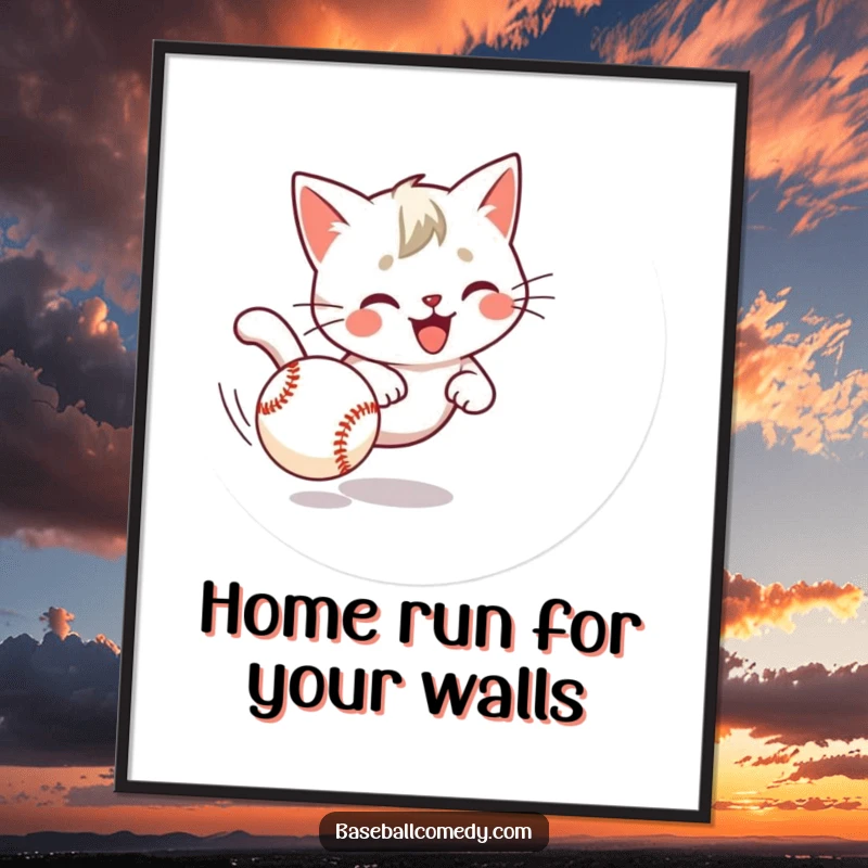 Funny Free Printable Wall Art: A playful cat comically chasing a rolling baseball across a room, a humorous addition.
