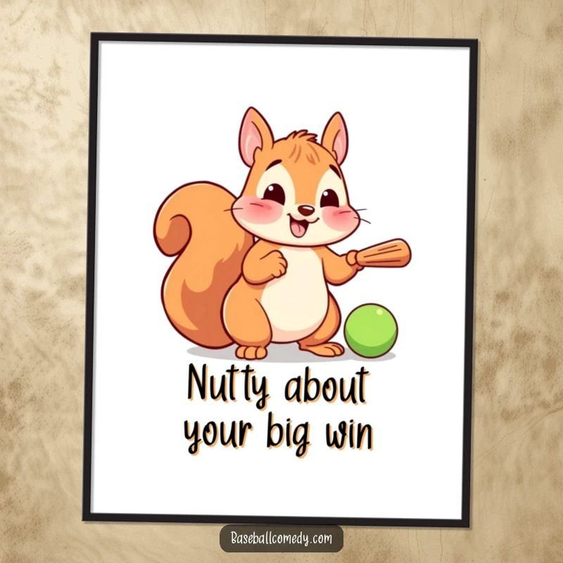 Funny Free Printable Wall Art: A cheerful squirrel powerfully swings a tiny bat, ready to hit a home run of style.