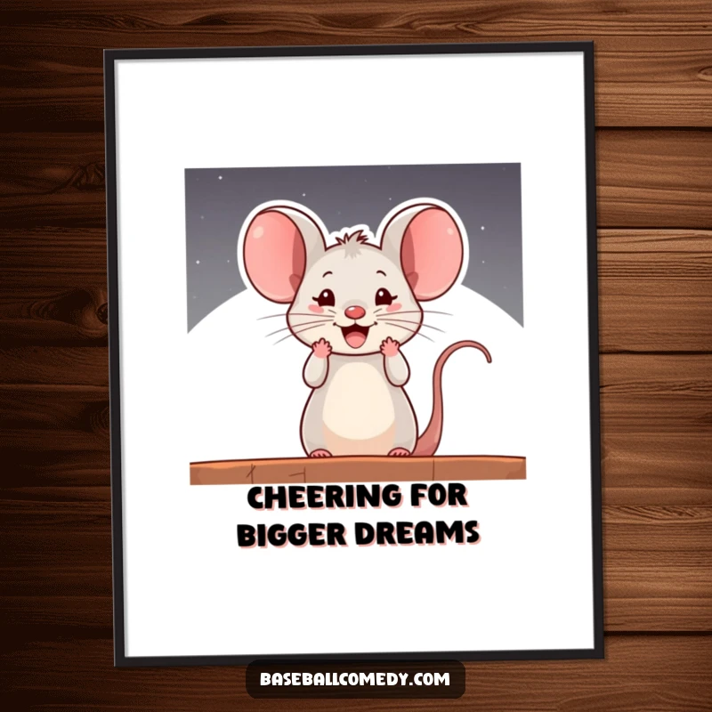 Funny Free Printable Wall Art: A curious mouse wears a baseball cap, cheering loudly from the dugout.