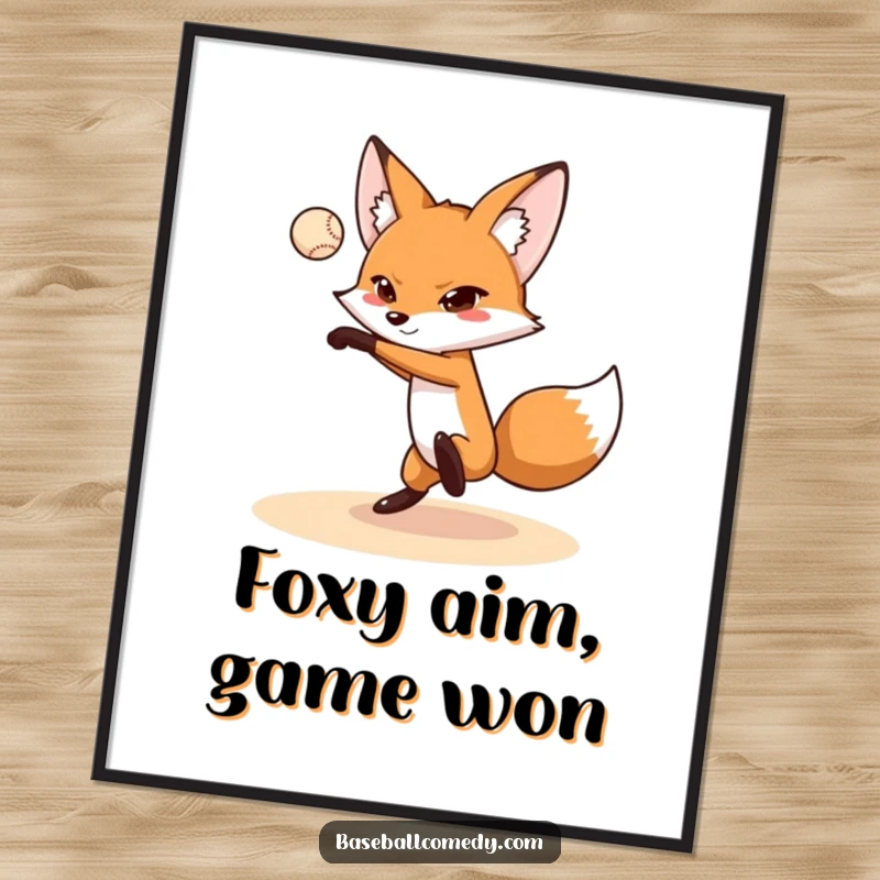 Funny Free Printable Wall Art: A clever fox executing a perfect baseball pitch with intense focus and skill.