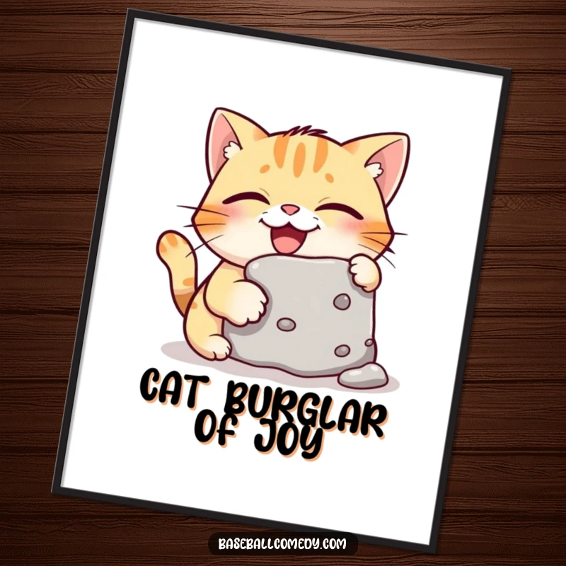 Funny Free Printable Wall Art: A joyful, giggling cat expertly steals a baseball base, a humorous piece of art.