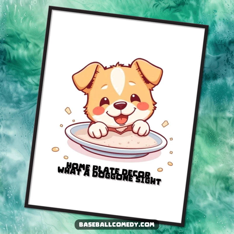 Funny Free Printable Wall Art: A cheerful dog covered in dust, sliding into home plate, bringing playful humor.