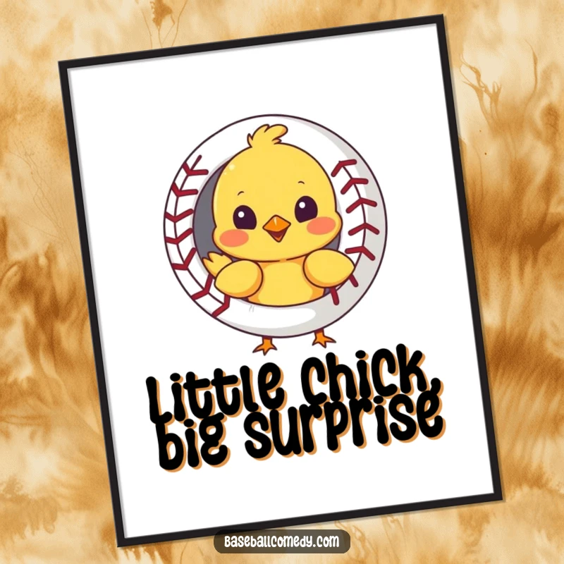 Funny Free Printable Curious Chick Peeking Behind Baseball Wall Art, sweet and inquisitive, downloadable decor.