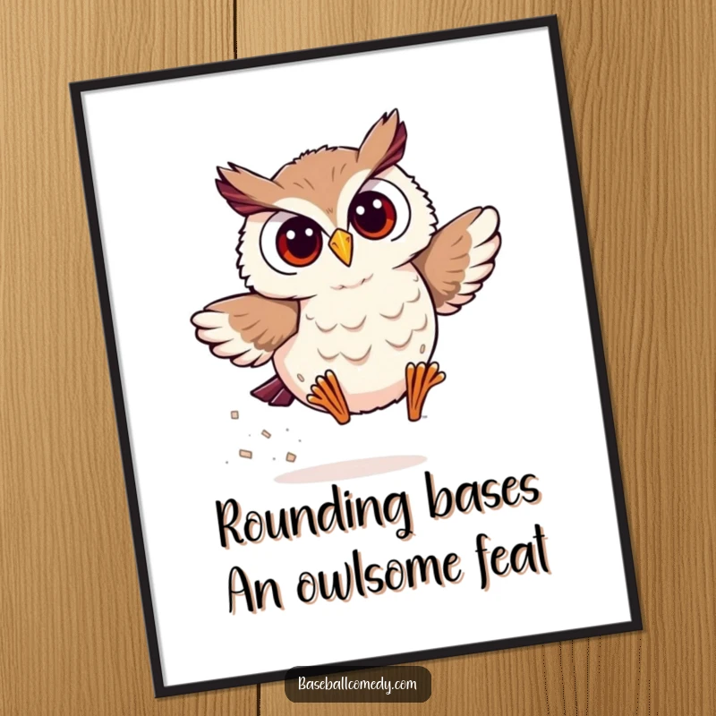 Funny Free Printable Wall Art: Smiling owl running bases with surprising speed, dynamic, humorous.