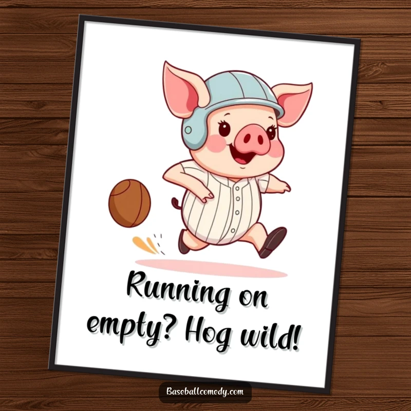 Funny Free Printable Wall Art: Pig in helmet running bases with oversized stride, humorous baseball theme, athletic art.