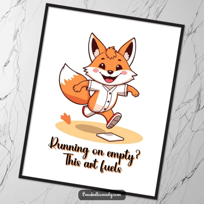 Funny Free Printable Wall Art: A grinning fox with a determined sprint, running bases, adding dynamic humor to decor.
