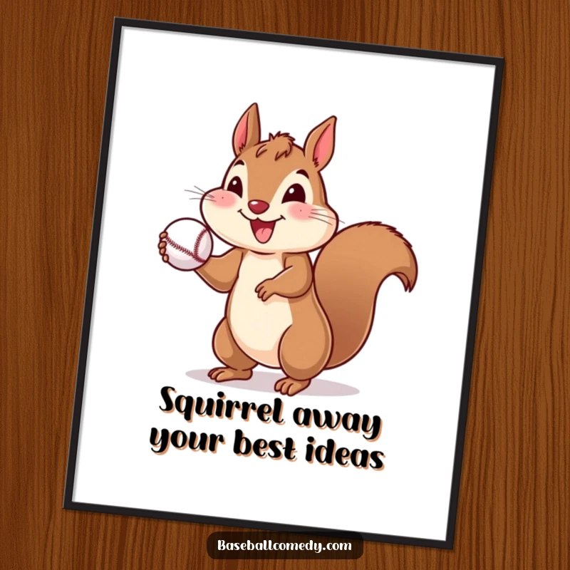 Funny Free Printable Wall Art: A cheerful squirrel joyfully throws a small baseball with a happy, energetic attitude.