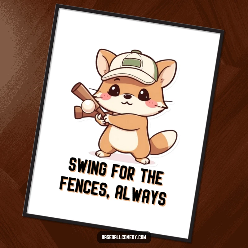 Funny Free Printable Wall Art: A determined cartoon animal wearing a cap intensely bats a small baseball, ready for action.