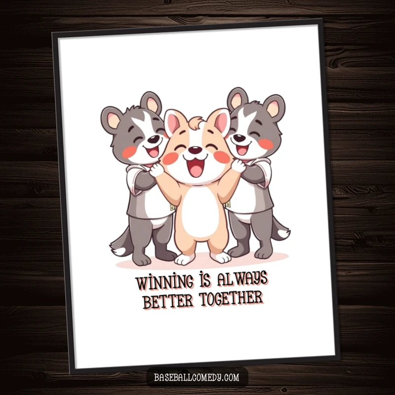 Funny Free Printable Wall Art: A happy cartoon animal joyfully celebrates a successful play alongside their cheering teammates.