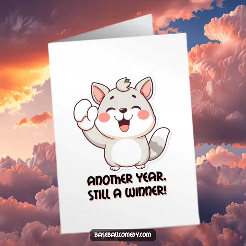 Funny Free Printable Birthday Card: A joyful cartoon animal triumphantly cheers with a raised baseball mitt, ready for fun.