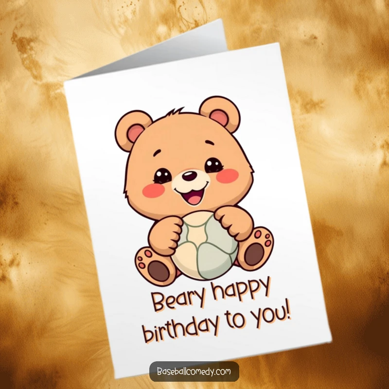 Funny Free Printable Birthday Card: Smiling bear joyfully catching a baseball with its paws mid-air.