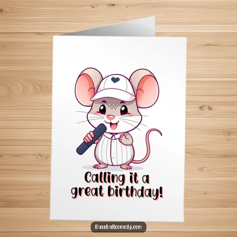 Funny Free Printable Birthday Card: Silly mouse in an umpire cap making a 'safe' call, wishing a happy birthday.