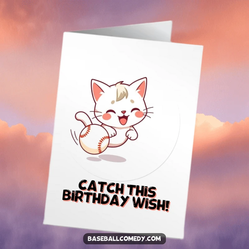 Funny Free Printable Birthday Card: Playful cat chasing a runaway baseball, ready to pounce with birthday cheer.