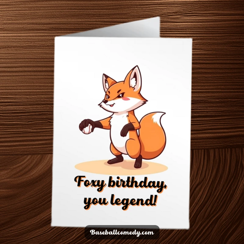 Funny Free Printable Birthday Card: Focused fox with intense eyes, perfectly pitching a baseball towards the viewer.