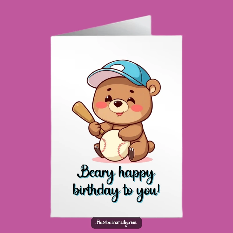 Free Printable Bear Batting Birthday Card: Funny Baseball Cap Humor Downloadable Gift