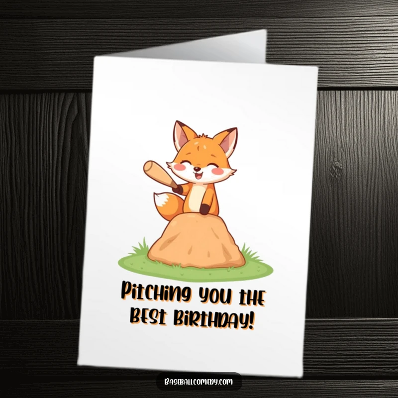 Funny Free Printable Birthday Card: A happy fox in mid-pitch motion, throwing a baseball from a tiny mound.