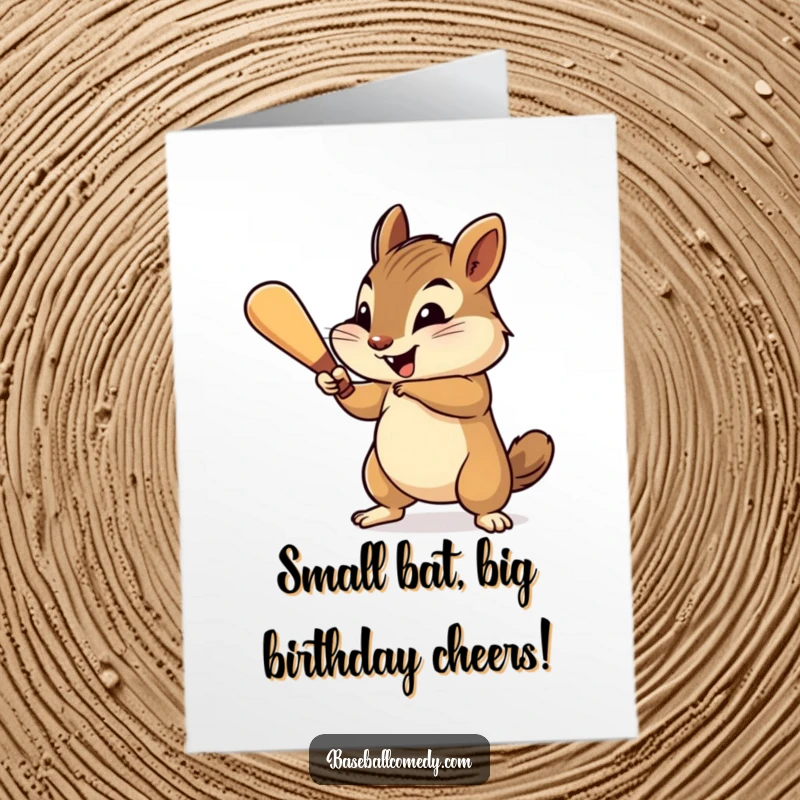 Funny Free Printable Birthday Card: Chipmunk baseball player swinging a tiny bat with a determined and cheerful expression.