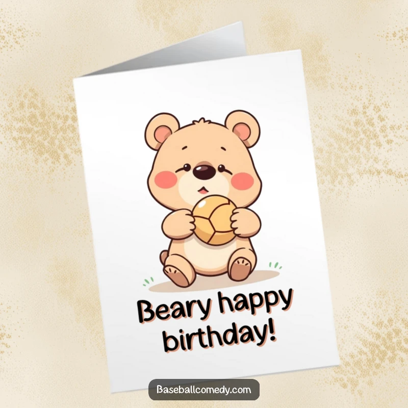 Funny Free Printable Birthday Card: Goofy bear missing baseball catch, ball bouncing off nose, humorous sports fail.